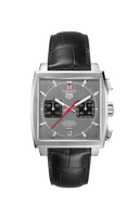 Luxury men's watch with square brushed steel case, black leather strap, and chronograph dial