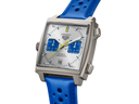 Men's square chronograph watch with silver dial, blue subdials, and blue leather strap