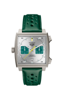Square-face men's watch with green perforated leather strap, silver dial, and yellow accents.