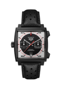 OM Tempus luxury men's watch, black square dial, black perforated leather strap