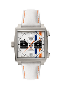 Square-faced Monaco men's watch with white dial, blue and orange accents, and white strap