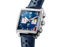 Men's luxury square blue chronograph watch with perforated leather strap and orange accents