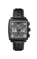 Luxury men's square black watch with black leather strap, grey dial and chronograph features