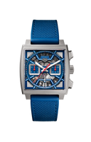 Men's luxury square watch with blue strap, skeleton dial, and chronograph, OM Tempus style
