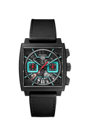 Men's luxury square black watch with turquoise accents, chronograph subdials, and textured strap