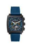 Men's luxury square chronograph watch with blue band, openwork dial, and yellow accents