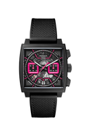 Men's square black luxury watch with pink accents, black strap, skeleton dial, precise movement