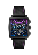 Square face men's watch with black strap, purple and blue accents, and visible gears.