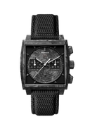 Luxury men's watch with black textured strap, square face, and chronograph dials by Tag Heuer