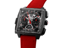 Square men's chronograph watch with black skeleton dial and red fabric strap