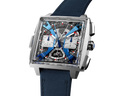 Modern men's square chronograph watch with blue strap, skeleton dial, premium design