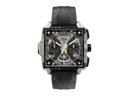 Luxury men's square chronograph watch with black strap, skeleton dial, and gold accents.