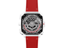 Men's luxury skeleton watch with square white case, red strap, and visible mechanical movement