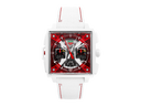 Men's premium square watch with a red and white skeleton dial, white strap on black background