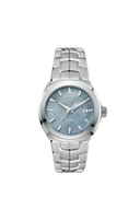 Men's luxury stainless steel watch with blue dial and date window, premium design