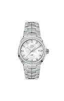 Luxury men's stainless steel watch with diamond bezel, mother-of-pearl dial, OM Tempus