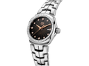 Luxury men's watch with black dial, diamond bezel, and stainless steel bracelet