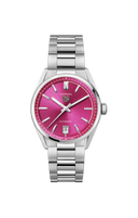 Luxury men's watch with pink dial, stainless steel bracelet, and date display, OM Tempus