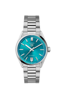 Stainless steel men's watch with teal dial, silver markers, and date display, featured by OM Tempus.