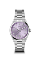 Men's luxury watch with silver bracelet and light purple dial, diamond indices, and date display