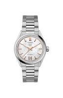 Luxury men's silver stainless steel watch with white dial, rose gold accents, and date display