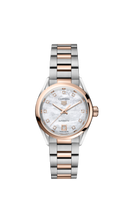 Luxury men's two-tone wristwatch with diamond markers, silver and rose gold bracelet, on black