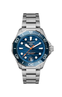 TAG Heuer Aquaracer stainless steel watch with blue dial and orange accents, OM Tempus.