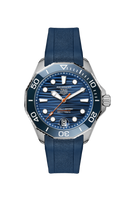 TAG Heuer Aquaracer blue dial dive watch with blue strap, silver bezel, and OM Tempus branding