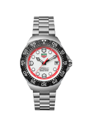 Men's luxury stainless steel watch with white dial, black bezel, and red accents, showcased on OM Tempus.