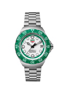 Men's stainless steel watch with green bezel, white dial, and OM Tempus branding