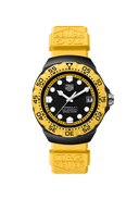 Bold yellow and black TAG Heuer men's sports watch with Swiss-made details, black dial, and yellow rubber strap.