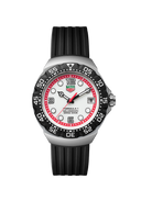 TAG Heuer Formula 1 men's watch with black strap, white dial, red accents, and bold numerals