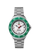 Men's stainless steel watch with green bezel, white dial, and date display, OM Tempus