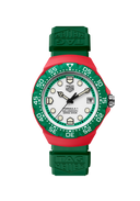 Men’s sporty watch with green strap, red bezel, white dial, OM Tempus style