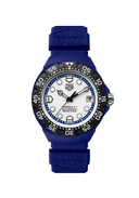 TAG Heuer Formula 1 men's watch with blue rubber strap, white dial, black bezel, and date display