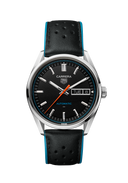 Men's luxury watch with black perforated leather strap, black dial, and silver accents