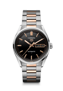 Men's luxury watch with black dial, rose gold and silver bracelet, day-date display