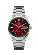 Men's luxury watch with red dial, silver bracelet, day-date display, OM Tempus collection