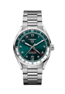 Men's luxury watch with teal dial, stainless steel band, and automatic movement