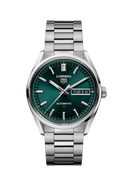 Luxury men's watch with green dial, silver band, and date display, precise automatic movement