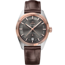 Omega Constellation Globemaster men's watch with brown leather strap, rose gold bezel, and black dial, featured by OM Tempus