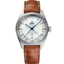 Omega Constellation Globemaster men’s watch with white dial, blue hands, and brown leather strap