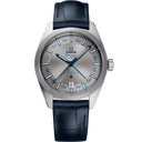 Omega Constellation Globemaster Co-Axial Master Chronometer mens watch with blue leather strap and silver dial