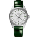 Omega Constellation Globemaster men's watch with silver dial, green leather strap, and annual calendar