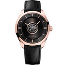 Men's luxury Omega De Ville watch with black dial, rose gold case, black leather strap