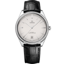 Omega De Ville Trésor men's watch with diamond bezel and black leather strap