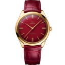 Omega De Ville Trésor gold watch with red dial and leather strap, men's luxury timepiece