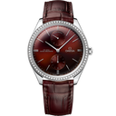 Omega De Ville Trésor men's watch with burgundy dial, diamond bezel, and leather strap
