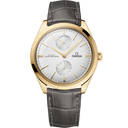 Omega De Ville Trésor gold men's watch with silver dial and grey leather strap