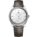 Omega De Ville Trésor men's watch with silver dial, diamond bezel, and brown leather strap